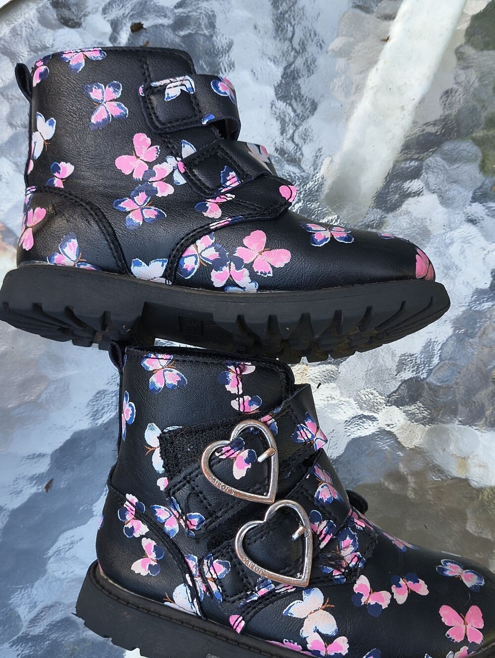 Carter’s Girls Size 11 Butterfly Heart Buckle Ankle Boots Black Pink